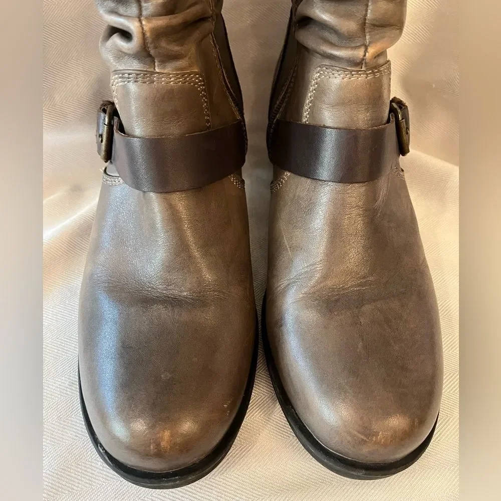 Leather Slouch Ankle Boots Gray Brown Moto Buckle Lug Block‎ Heel SZ 10.5